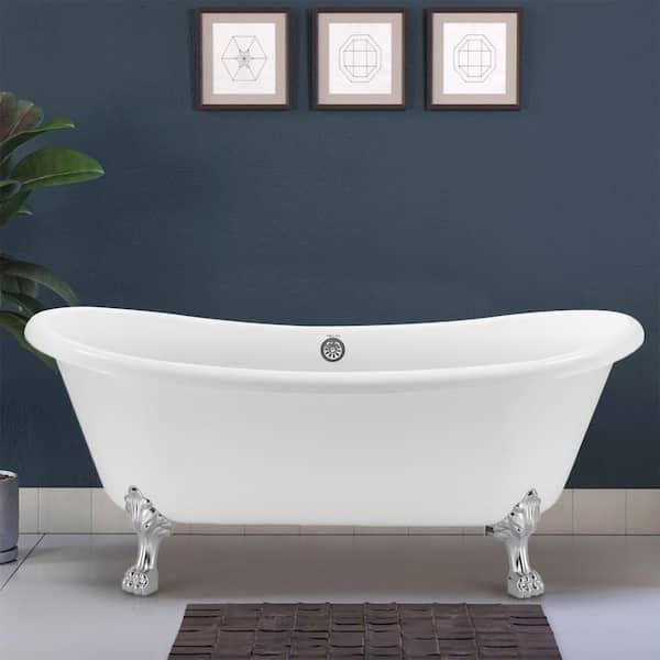 ANGELES HOME 67 in.Acrylic Flatbottom Freestanding Bathtub Contemporary Soaking Tub in White Claw Feet,Drain and Overflow in Chrome