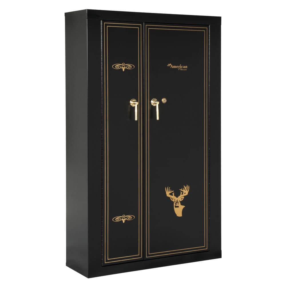 Classic 16-Gun Black and Woodgrain Metal Safe with Key Lock