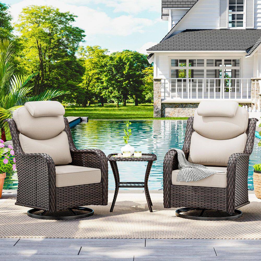 3-Piece Brown Swivel Wicker Outdoor Lounge Chair with Thick Beige Cushions, Detachable Headrest and Side Table price history on PriceWatchPro