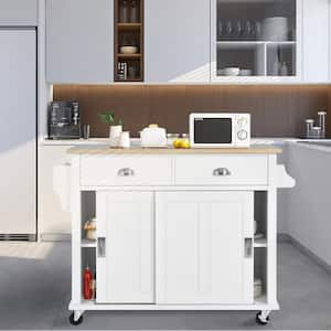 White 52.2 in. Kitchen Island with Rubber wood Drop-Leaf Countertop and Storage Cabinet