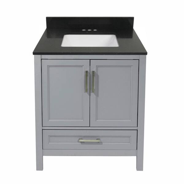 Amluxx Salerno 31 in. W x 22 in. D Bath Vanity in Grey with Quartz Stone Vanity Top in Galaxy Black with White Basin