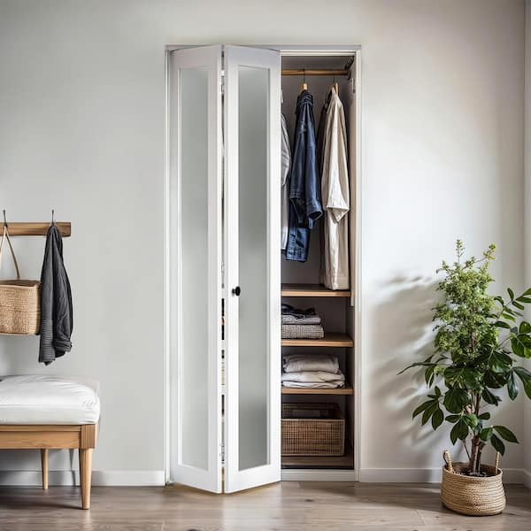 36 in. x 77.75 in. 1-Lite Frosted Glass Solid Core White Finished MDF Interior Closet Bi-Fold Door with Hardware Kit
