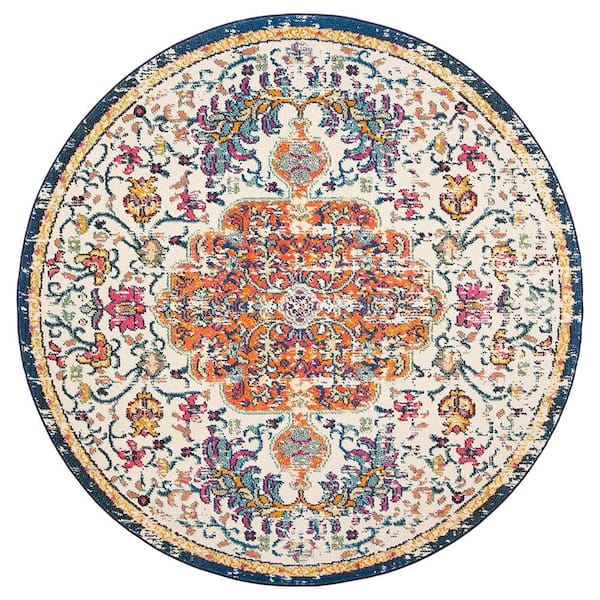 Unbranded Orange Polypropylene 6 ft. 7 in. x 6 ft. 7 in. Medallion Indoor Round Area Rug