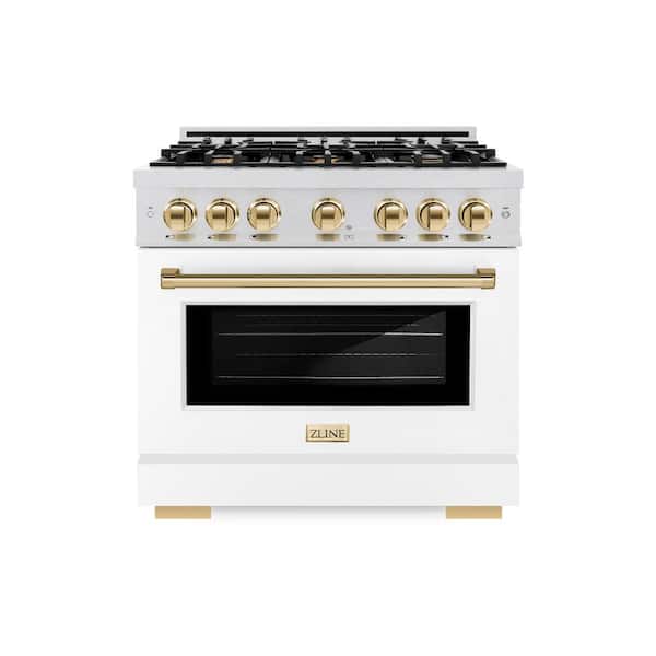 ZLINE Kitchen and Bath Autograph 36 in. Select Gas Range with 6 Burners and Convection Gas Oven in Satin Steel with White and Gold Accents