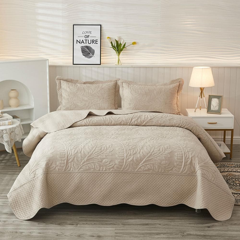 MarCielo 3 Piece Cotton Oversized Bedspread Quilt Set Tmonica Natural Beige - Queen