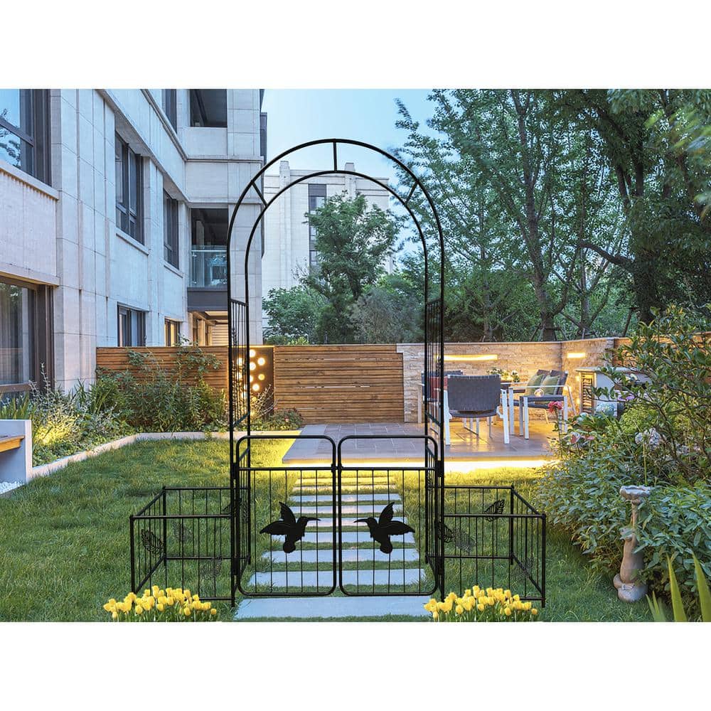 84 in. Metal Garden Arch with doors Garden Arbor Trellis Climbing Plants Su