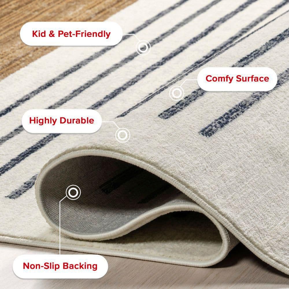 Keeva Modern Striped Fringe Beige and Black Synthetic Area Rug 8' x 10'