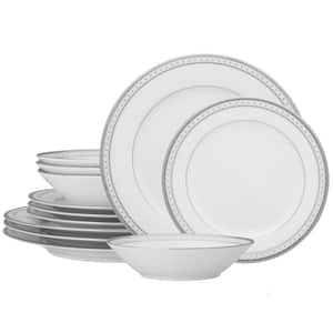 Rochester Platinum (White) Porcelain 12-Piece Dinnerware Set, Service for 4