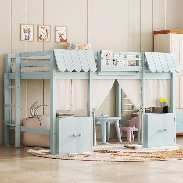 Davida Light Blue Wood Frame Full Size Loft Bed with Built-in Bookshelf, Curtain, and Storage Shelves