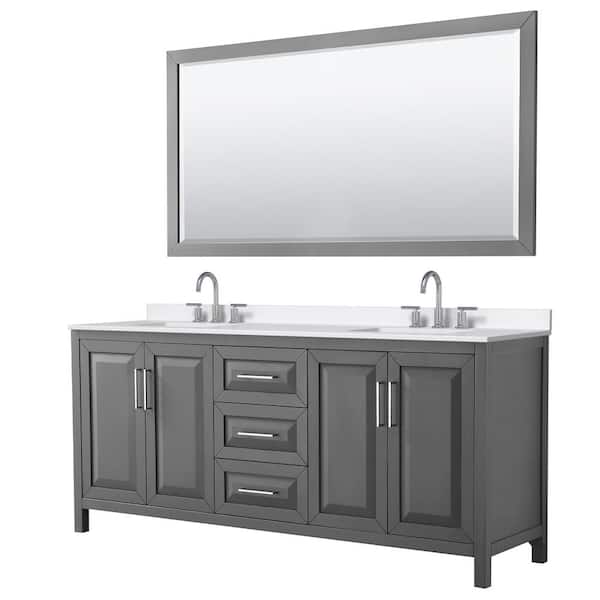 Wyndham Collection Daria 80 in. W x 22 in. D x 35.75 in. H Double Bath Vanity in Dark Gray with White Quartz Top and 70 in. Mirror