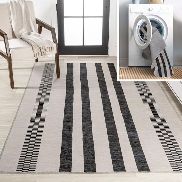 JONATHAN Y Vichy Geometric Striped Machine-Washable Cream/Black 3 ft. x 5 ft. Area Rug