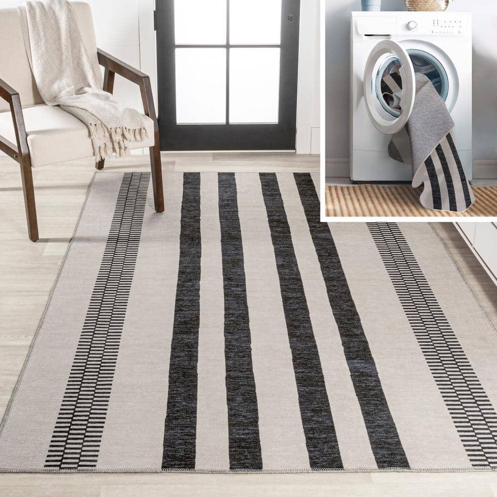 Modern Handcrafted Cream/Black Stripe Synthetic 9' x 12' Area Rug