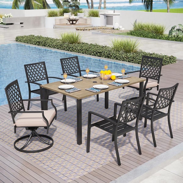 PHI VILLA 7-Piece Metal Outdoor Dining Set with Wood-like Slat Table-Top and 2 Elegant Swivel Chairs with Beige Cushions
