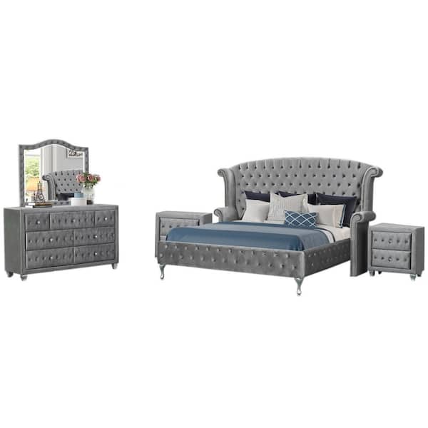 Best Master Furniture BelAir 5Piece Gray Velvet Queen Bedroom Set B1981GQ5 The Home Depot