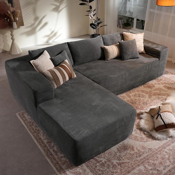 Allwex Verve 106 in. Wide Square Arm 2-Piece Modern Corduroy Fabric L-Shape Modular Sectional Sofa in Gray with Left Chaise