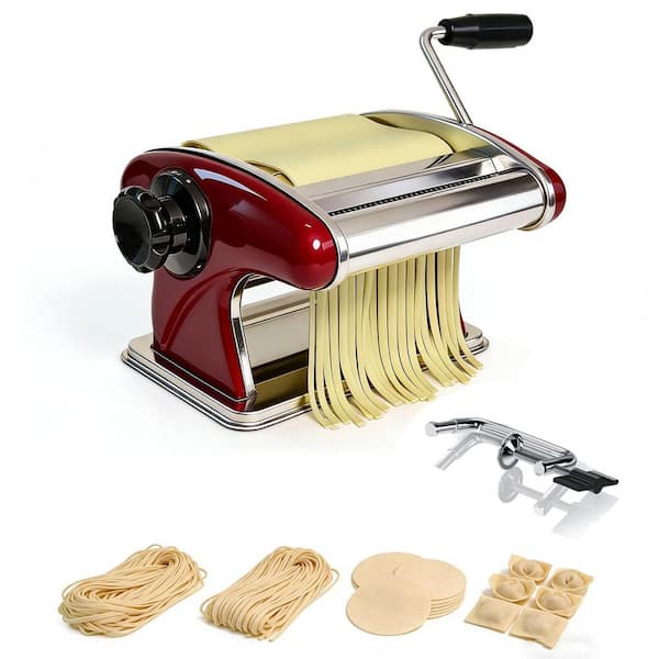 Manual Red Stainless Steel Pasta Maker High-Gloss Chrome Finish 6 Thickness Settings Double Cutter Noodle Machine