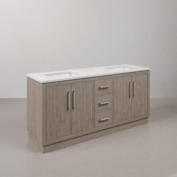 Hugo 72 in. W x 22 in. D Bath Vanity in Grey Oak with Marble Vanity Top in White with White Basin
