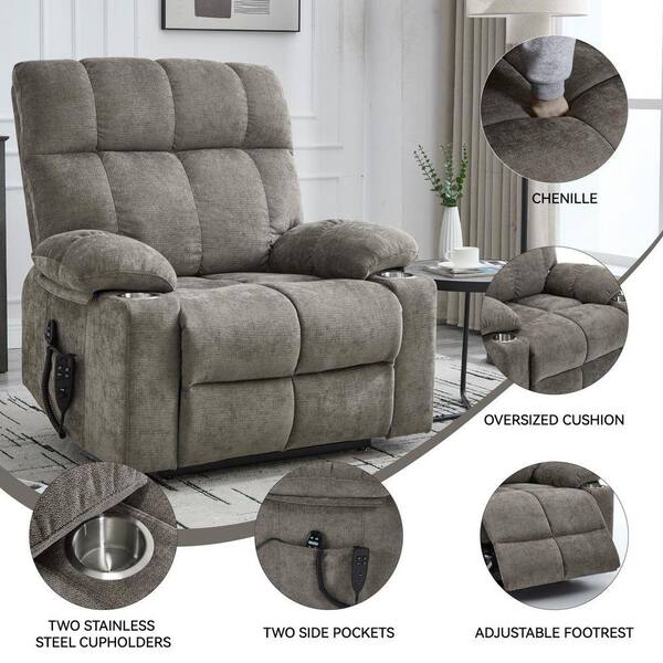 LUCKY ONE Gray Dual-Motor Chenille Power Lift Recliner with 8