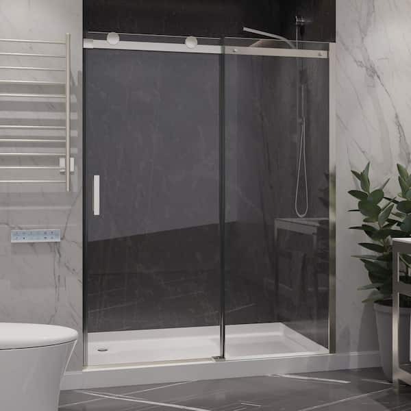 Rhodes Series 60 in. x 76 in. H Sliding Frameless Shower Door in Brushed Nickel with Tsunami Guard Tempered Glass