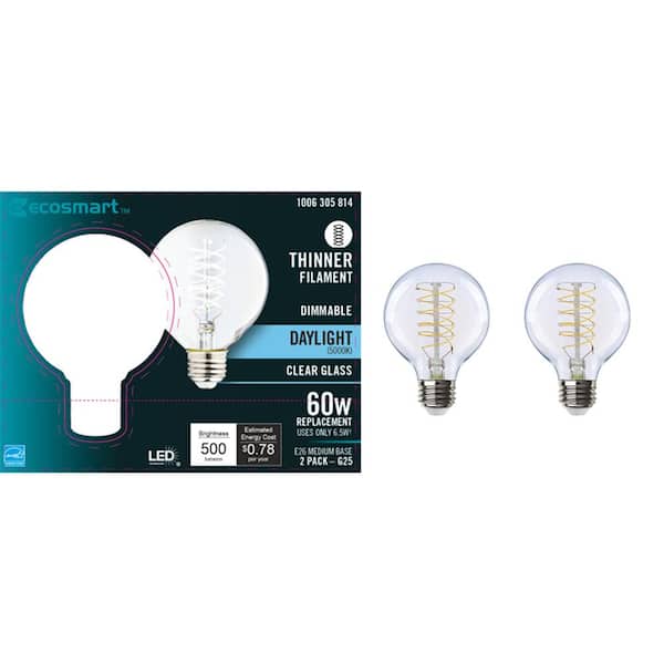 EcoSmart 60-Watt Equivalent G25 Dimmable Fine Bendy Filament LED Light Bulb Daylight (2-Pack)