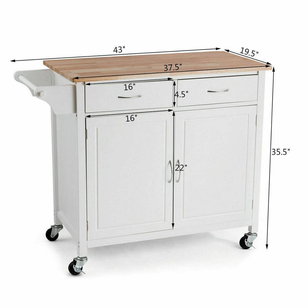 Elegant White Rolling Kitchen Cart with Rubber Wood Top and Storage