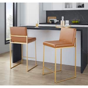 Fuji 26 in. Camel Faux Leather and Gold Metal Fixed-Height Counter Stool (Set of 2)