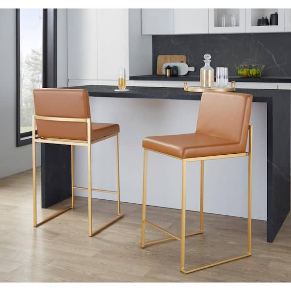Lumisource Fuji 26 in. Camel Faux Leather and Gold Metal Fixed-Height Counter Stool (Set of 2)
