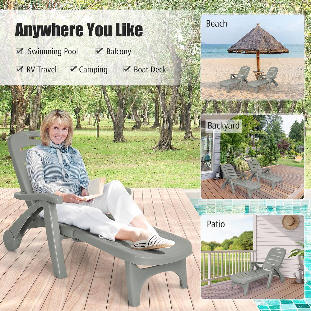 Gray 2-Piece Adjustable Plastic Outdoor Chaise Lounge Chairs