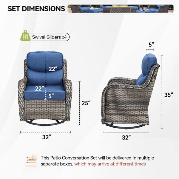 Luxury 4-Piece Gray Swivel Glider Wicker Outdoor Rocking Chair with Olefin Blue Cushions for Patio or Porch