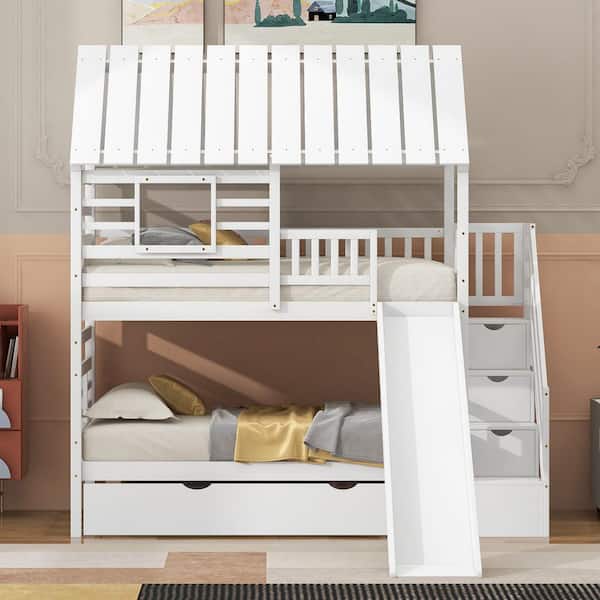 White Twin over Twin Wood House Bunk Bed with Twin Size Trundle, Slide, Storage Staircase, Roof and Window Design