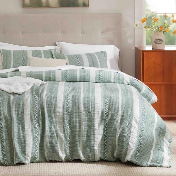 3-Piece Green Textured Cotton Queen Duvet Cover Set