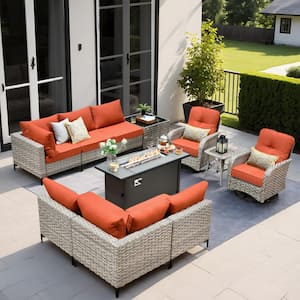 Aquarius 11-Piece Wicker Rectangular Patio Fire Pit Sets and Swivel Rocking Chairs with Orange Red Cushion