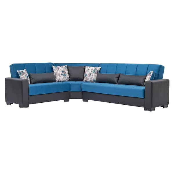 Ottomanson Basics Collection 3-Piece 108.7 in. Microfiber Convertible Sofa Bed Sectional 6-Seater With Storage, Turquoise/Black