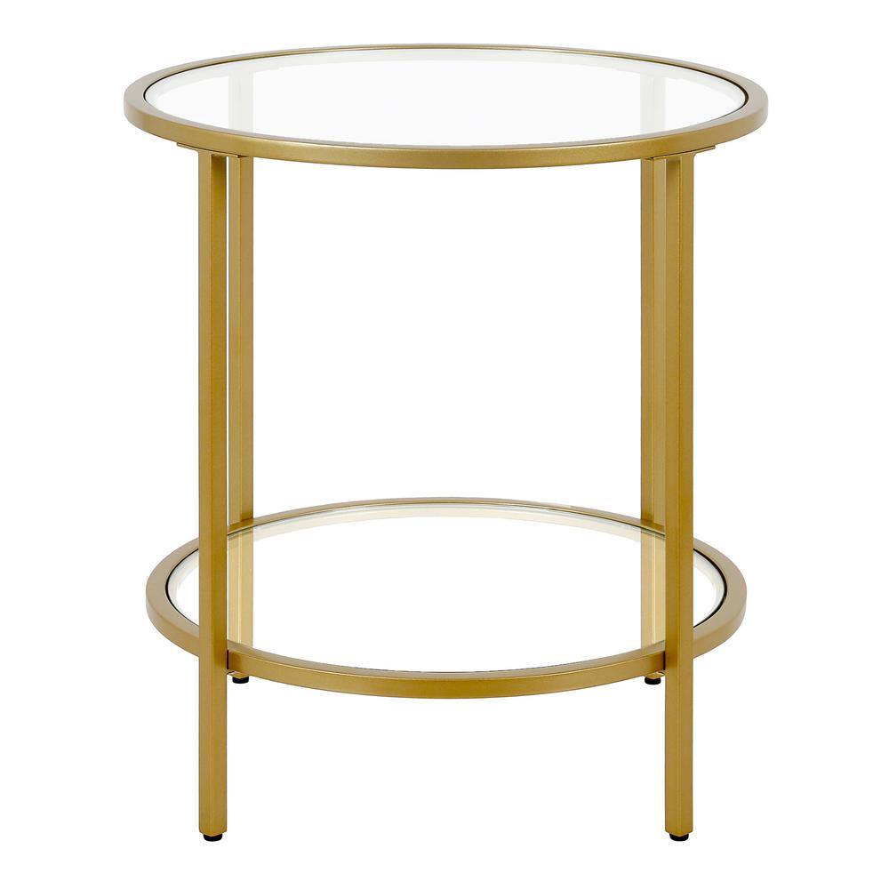 20" Round Brass & Glass Compact Side Table with Shelf