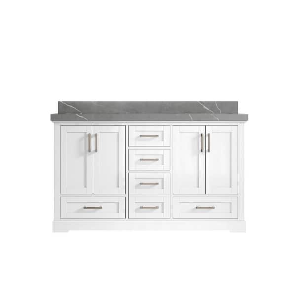 Boston 60 in. W x 22 in. D x 36 in. H Double Sink Bath Vanity in White with 2" Piatra Quartz Top