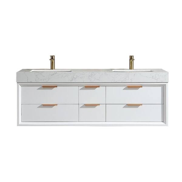 Wenlorin 60 in. Double Sinks Floating White Bath Vanity with White Engineered Marble Top Pre-assembled