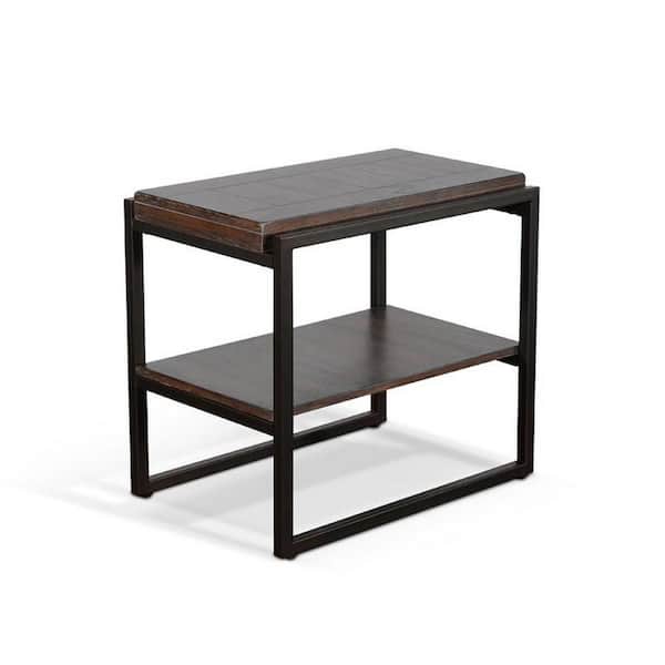 24 in. Brown and Black Rectangle Wood End Table with Metal Frame
