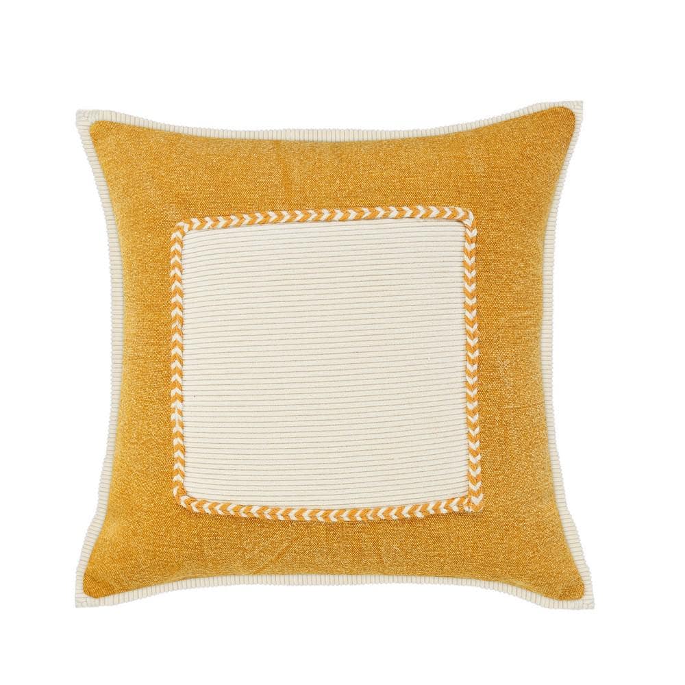 Riviera Mustard Yellow/Cream Framed Textured Poly-fill 20 in. x 20 in. Indo