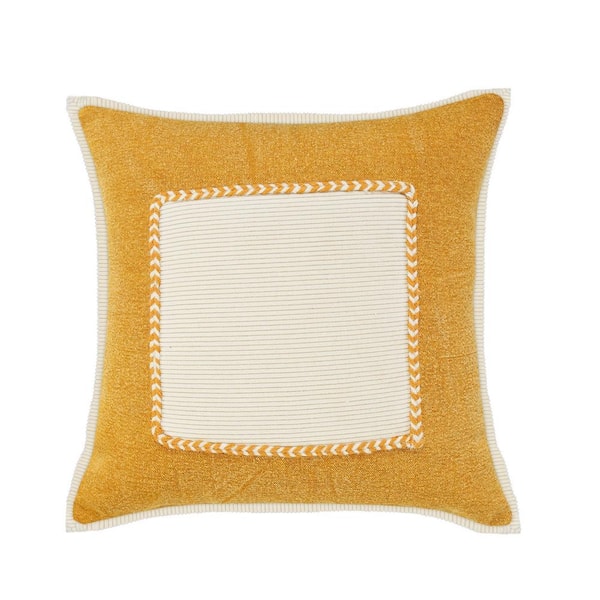 Unbranded Riviera Mustard Yellow/Cream Framed Textured Poly-fill 20 in. x 20 in. Indoor Throw Pillow