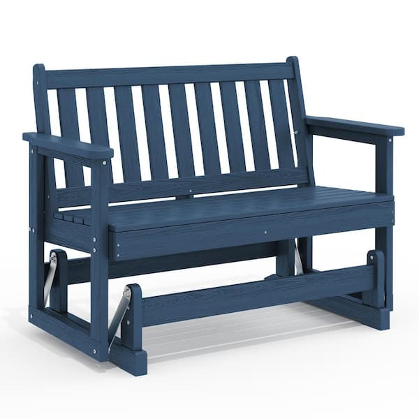 HDPE Navy Outdoor Bench, 2 Person Plastic Glider Rocking Chair for Swings Outside Loveseat for Garden Porch