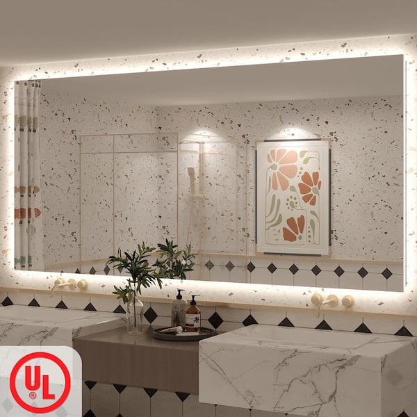 84in. W x 40in. H Rectangular Frameless UL Certified LED Backlited Anti-Fog Tempered Glass Wall Bathroom Vanity Mirror