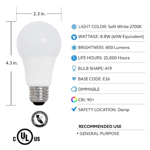 Feit Electric - 60-Watt Equivalent A19 Dimmable CEC Title 20 Compliant 90+ CRI E26 LED Light Bulb, Soft White 2700K (4-Pack)