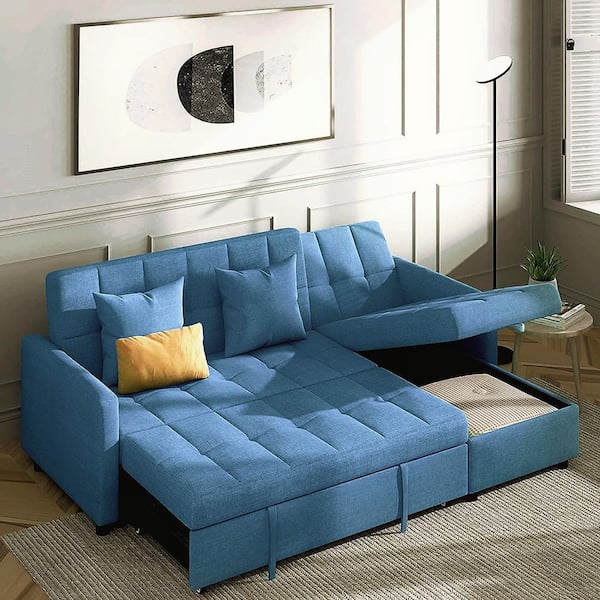Blue Cotton Reversible Sectional Sofa, Modern Queen Size Sofa Bed