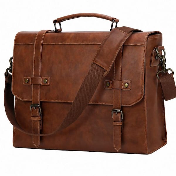 Vintage Brown PU Leather Messenger Bag, Waterproof, Multi-Pocket, Laptop Briefcase with 17 in. Laptop Compartment