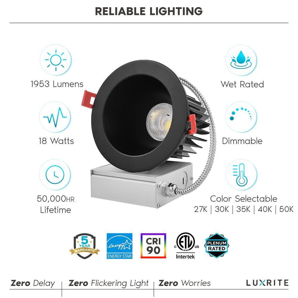 Luxrite 5-Color Selectable LED Recessed Lighting Kit, Black, Energy-Efficient