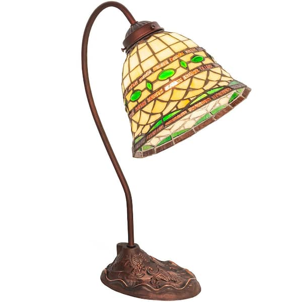 MEYDA Roman 17 in. Mahogany Bronze Armed Dimmable Rustic Desk Lamp with Stained Glass Shade