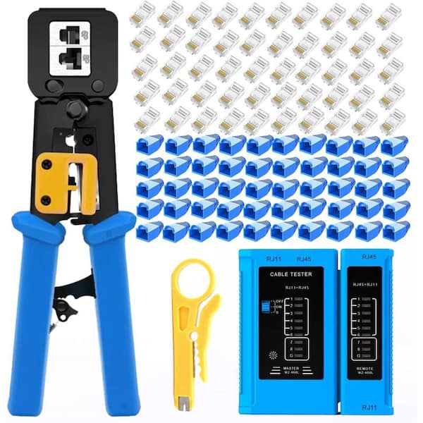 RJ45 Crimping Tool Kit for Cat6 Cat5e Cat5 with 50 Pass-Through Connectors Covers Wire Stripper and Network Cable Tester