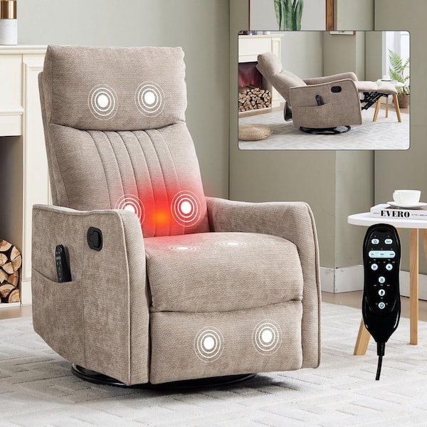 Linen Brown 360° Swivel Manual Chenille Recliner Rocker Chair with Massage and Heat