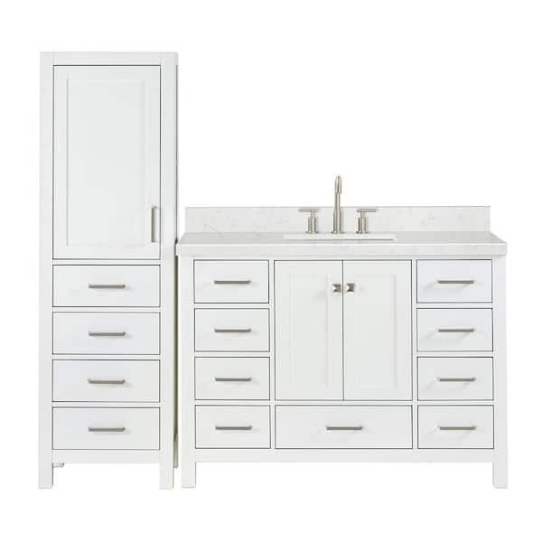 Cambridge 48 in. Single Sink Bath Vanity with Carrara White Quartz Top and Linen Cabinet in White
