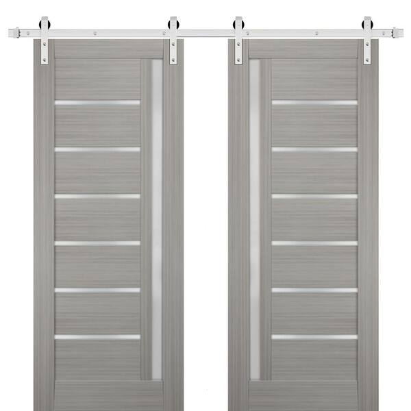 Sartodoors 64 in. x 80 in. Single Panel Gray Finished Solid MDF Sliding Door with Double Barn Stainless Kit
